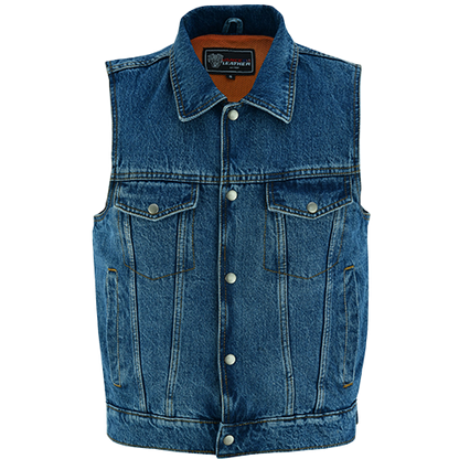 Men’s Blue Denim Vest with Collar Front View