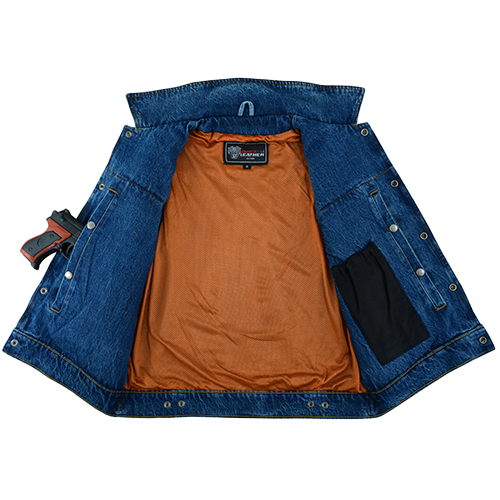 Lined Denim Biker Vest with Pockets and Shirt Collar