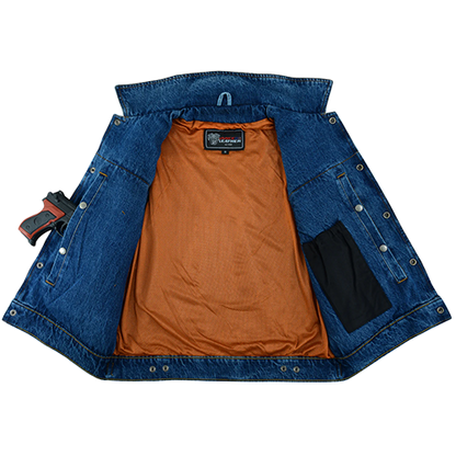 Lined Denim Biker Vest with Pockets and Shirt Collar