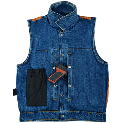 Lined Denim Biker Vest with Pockets and Shirt Collar Inside Out
