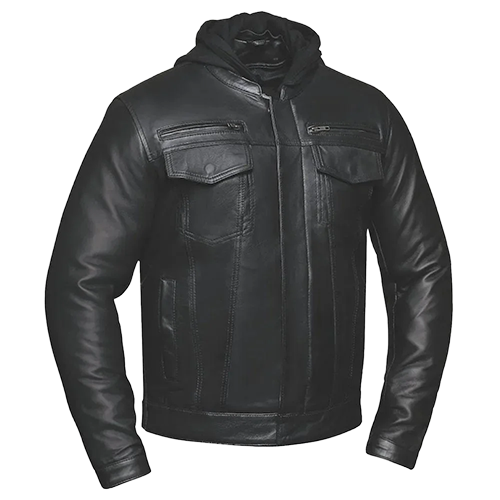 Men’s Dragon Leather Jacket in black cowhide with hoody