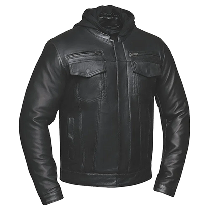 Men’s Dragon Leather Jacket in black cowhide with hoody