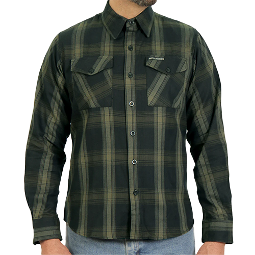 A man wearing a long-sleeved black and green plaid flannel shirt.