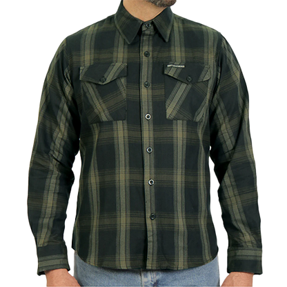 A man wearing a long-sleeved black and green plaid flannel shirt.