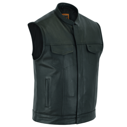 A black leather vest with a mandarin collar, concealed carry pockets