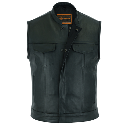 Men’s Black Leather Full Coverage Vest With Mandarin Collar