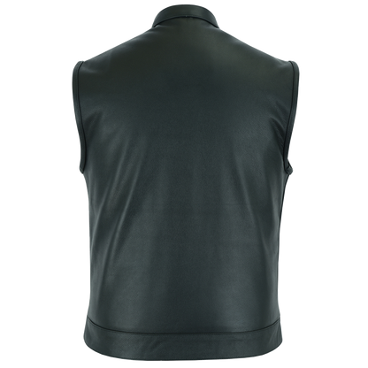 Black Leather Motorcycle Vest With Single Panel Back