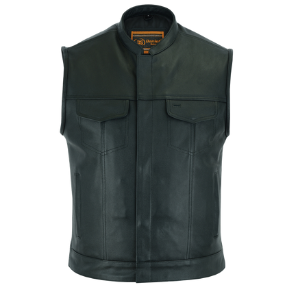 Men’s Black Leather Full Coverage Vest With Mandarin Collar