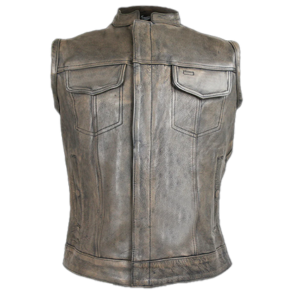 A front view of a brown leather vest with a mandarin collar, featuring a streamlined design and multiple pockets.