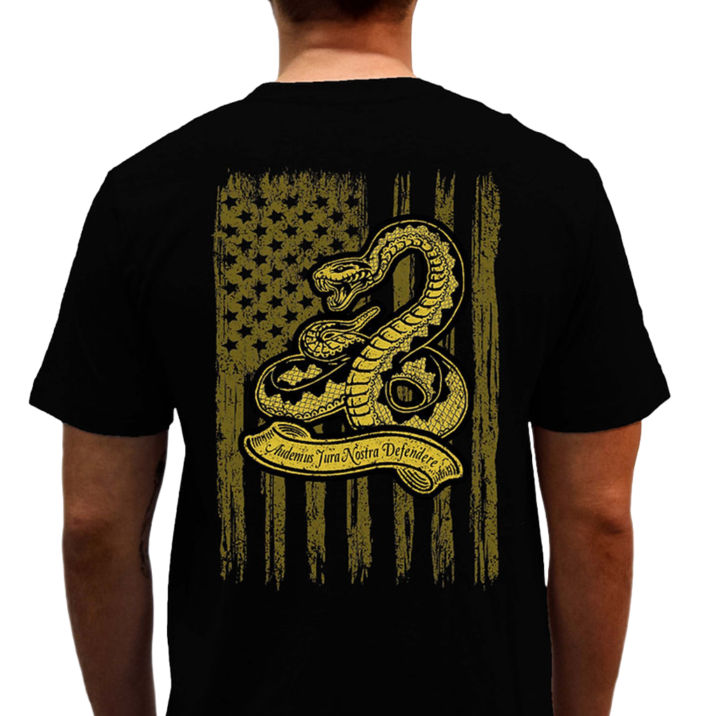 Black Crew Neck Gadsden Tee With We Defend Our Rights Graphic Back View