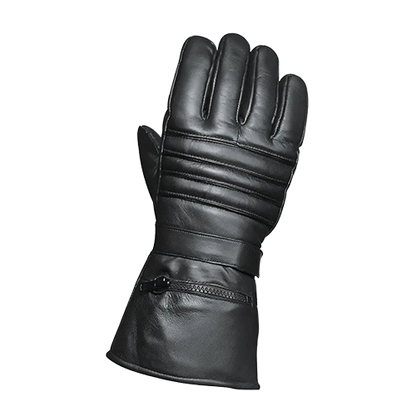Men’s black leather gauntlet gloves with touch tech fingertips and rain cover