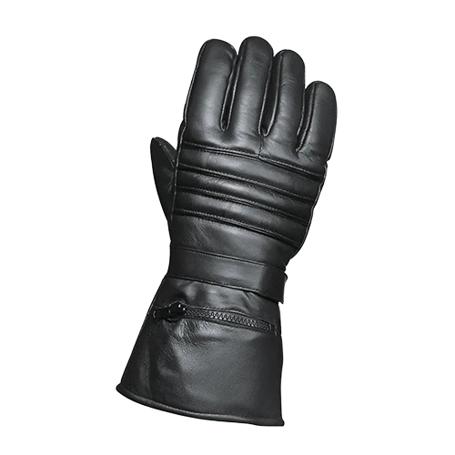 Men’s black leather gauntlet gloves with touch tech fingertips and rain cover