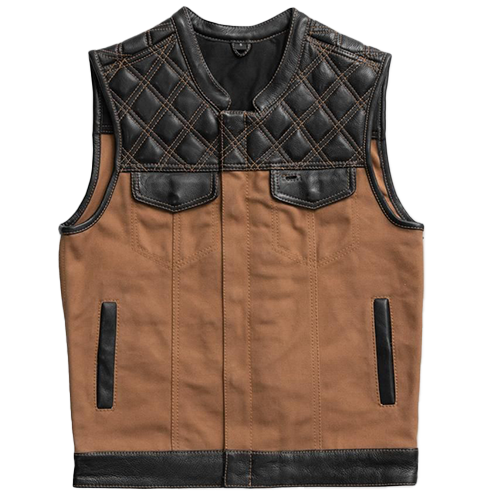 Men's leather and canvas vest in brown color with quilted cowhide leather shoulders and a club-style collar.