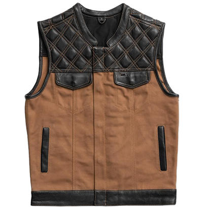Men's leather and canvas vest in brown color with quilted cowhide leather shoulders and a club-style collar.