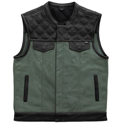 Men's Leather & Canvas Vest in green and black with quilted cowhide leather shoulders, club-style collar, covered snaps, and multiple pockets.