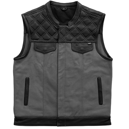 Men's Leather & Canvas Vest in gray color with quilted cowhide leather shoulders, club-style collar, multiple pockets, and YKK zippers.