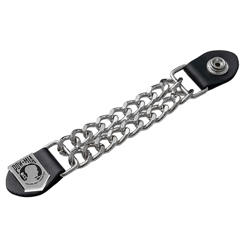 A vest extender featuring chrome chains and a black faux leather strap with a POW★MIA emblem at the end.