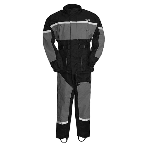 Men's full-body rain suit in black and grey with reflective stripes, including a jacket and pants with extended ankle zippers and boot stirrups.