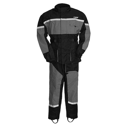 Men's full-body rain suit in black and grey with reflective stripes, including a jacket and pants with extended ankle zippers and boot stirrups.