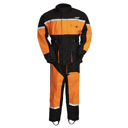 Men's rain suit in black and orange with reflective strips, including a jacket and pants, designed for visibility and waterproofing for motorcycle riding.