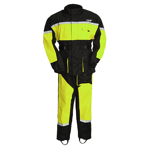 Men's rain suit in black and yellow with reflective strips, designed for motorcycle riding, including jacket and pants with extended ankle zippers and boot stirrups.