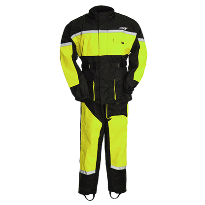 Men's rain suit in black and yellow with reflective strips, designed for motorcycle riding, including jacket and pants with extended ankle zippers and boot stirrups.