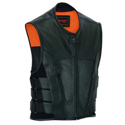 Men's SWAT team style black leather biker vest with orange lining and adjustable side straps.
