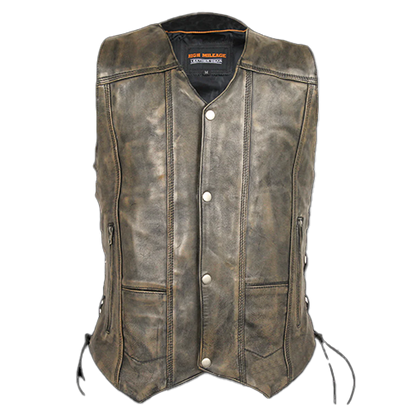 Men's brown leather vest with multiple pockets and snap closures, designed for comfort and style.