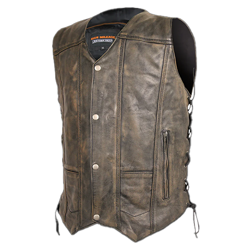 Men's brown leather vest with multiple pockets and snap closures, designed for comfort and style.