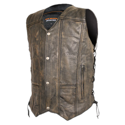 Men's brown leather vest with multiple pockets and snap closures, designed for comfort and style.