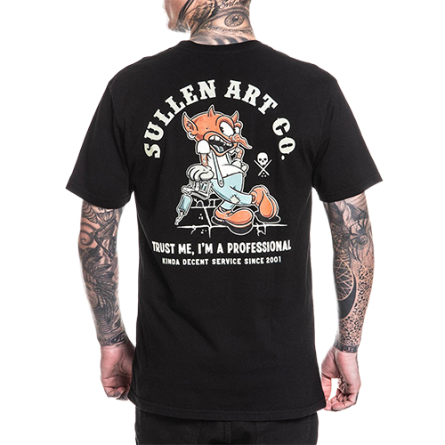 Black t-shirt with cartoon character and text on the back