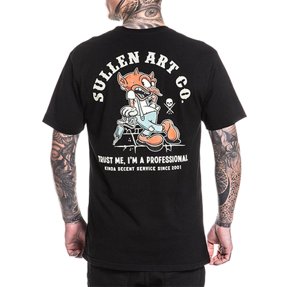 Black t-shirt with cartoon character and text on the back