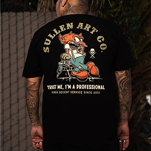 Back graphic of tattoo artist cartoon with coil machine