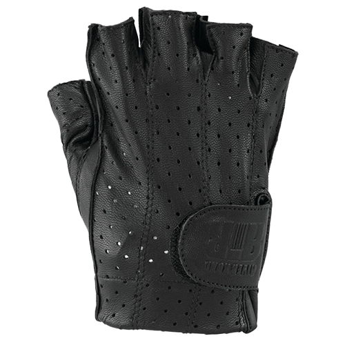 A black leather motorcycle glove with perforations for ventilation and a wrist strap.