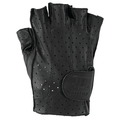 A black leather motorcycle glove with perforations for ventilation and a wrist strap.