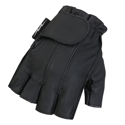 Matte black leather fingerless motorcycle gloves with gel padded palm
