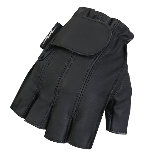Matte black leather fingerless motorcycle gloves with gel padded palm
