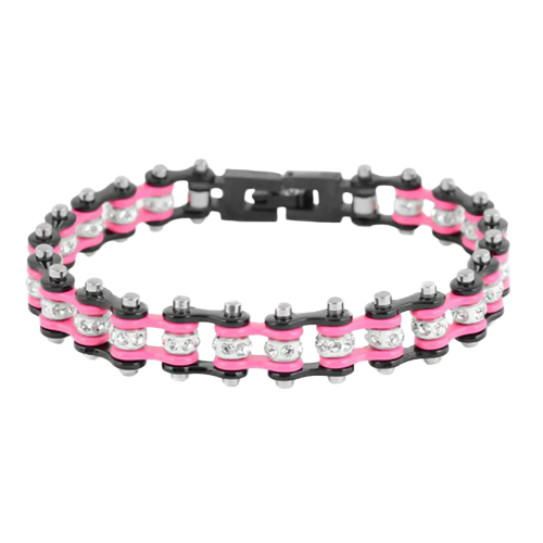 Women's black and pink stainless steel mini motorcycle chain bracelet with sparkling crystal accents