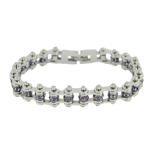 Women's silver stainless steel mini motorcycle chain bracelet with simulated alexandrite stones.
