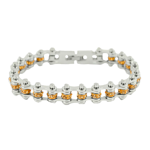Women's silver stainless steel mini motorcycle chain bracelet with simulated citrine crystal accents.
