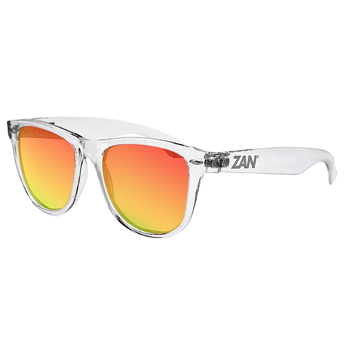 Oversized crystal clear sunglasses with red lenses