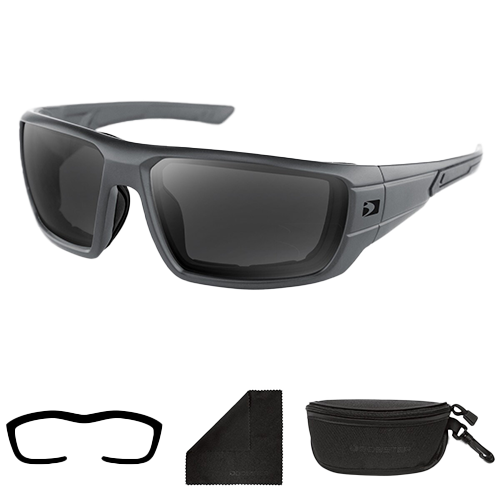A pair of Mission sunglasses with shatter-resistant polycarbonate lenses, a TR90 frame, and a removable foam insert. The product is displayed with a microfiber cloth and a carry case.