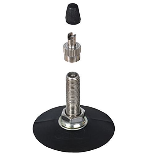 Black motorcycle tube with galvanized center metal valve and included caps.