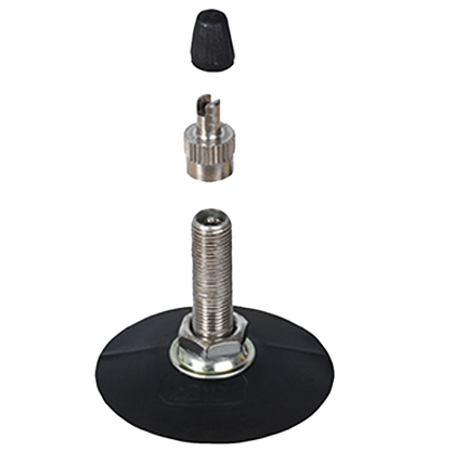 Black motorcycle tube with galvanized center metal valve and included caps.