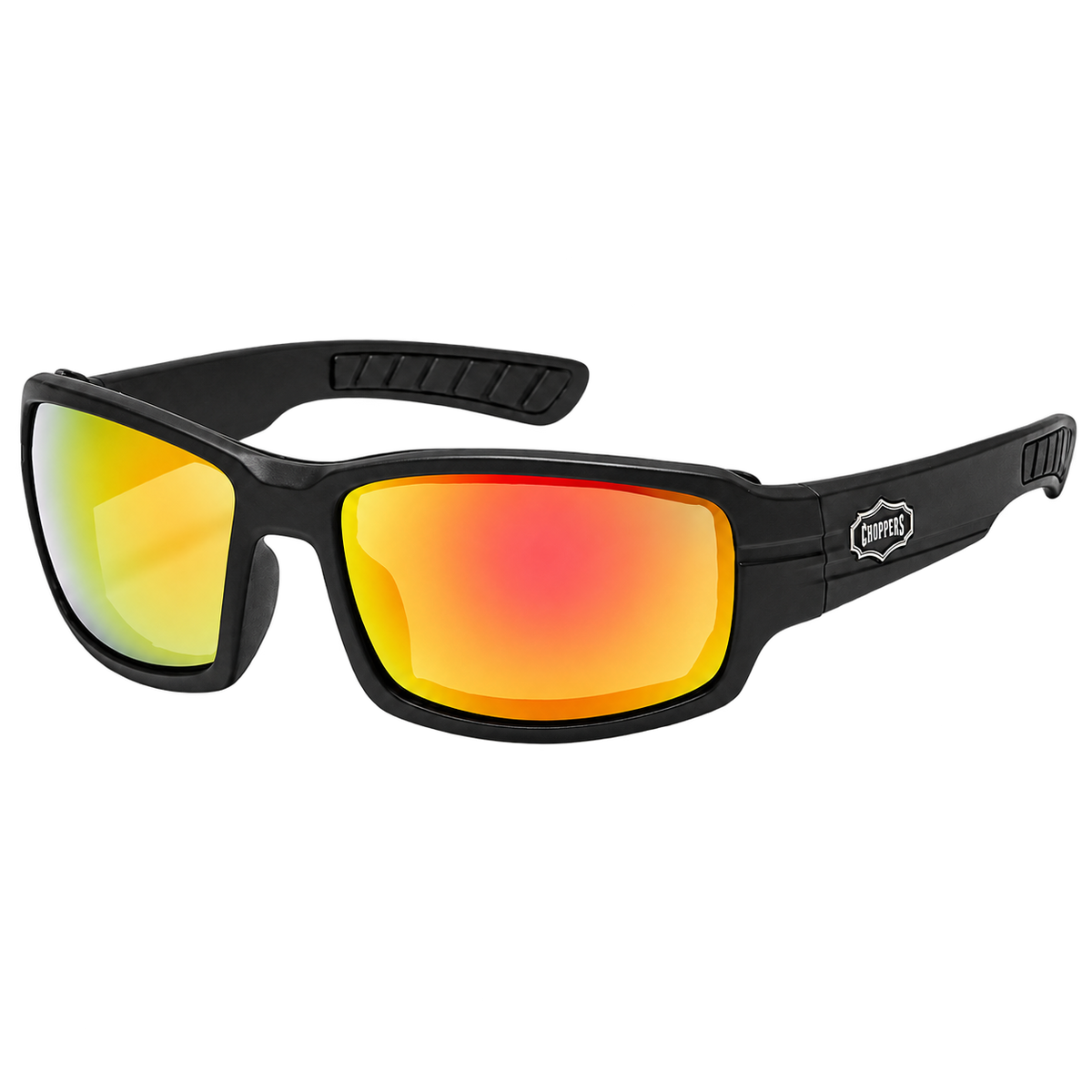 Molten Mile gold-orange mirrored padded riding sunglasses with a black wrap frame
