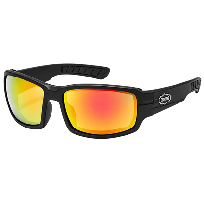 Molten Mile gold-orange mirrored padded riding sunglasses with a black wrap frame