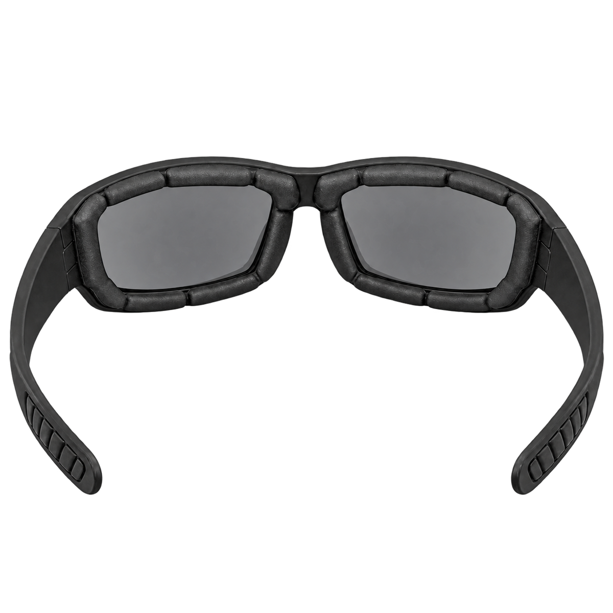 Inside view of Molten Mile riding sunglasses showing smoke-gray lenses and segmented foam padding