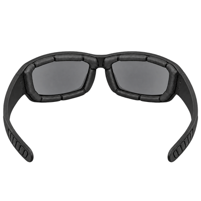 Inside view of Molten Mile riding sunglasses showing smoke-gray lenses and segmented foam padding