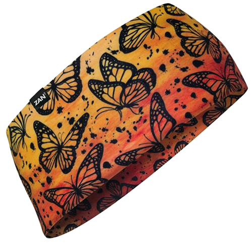 A multicolored headband with a pattern of butterflies, predominantly orange and black.