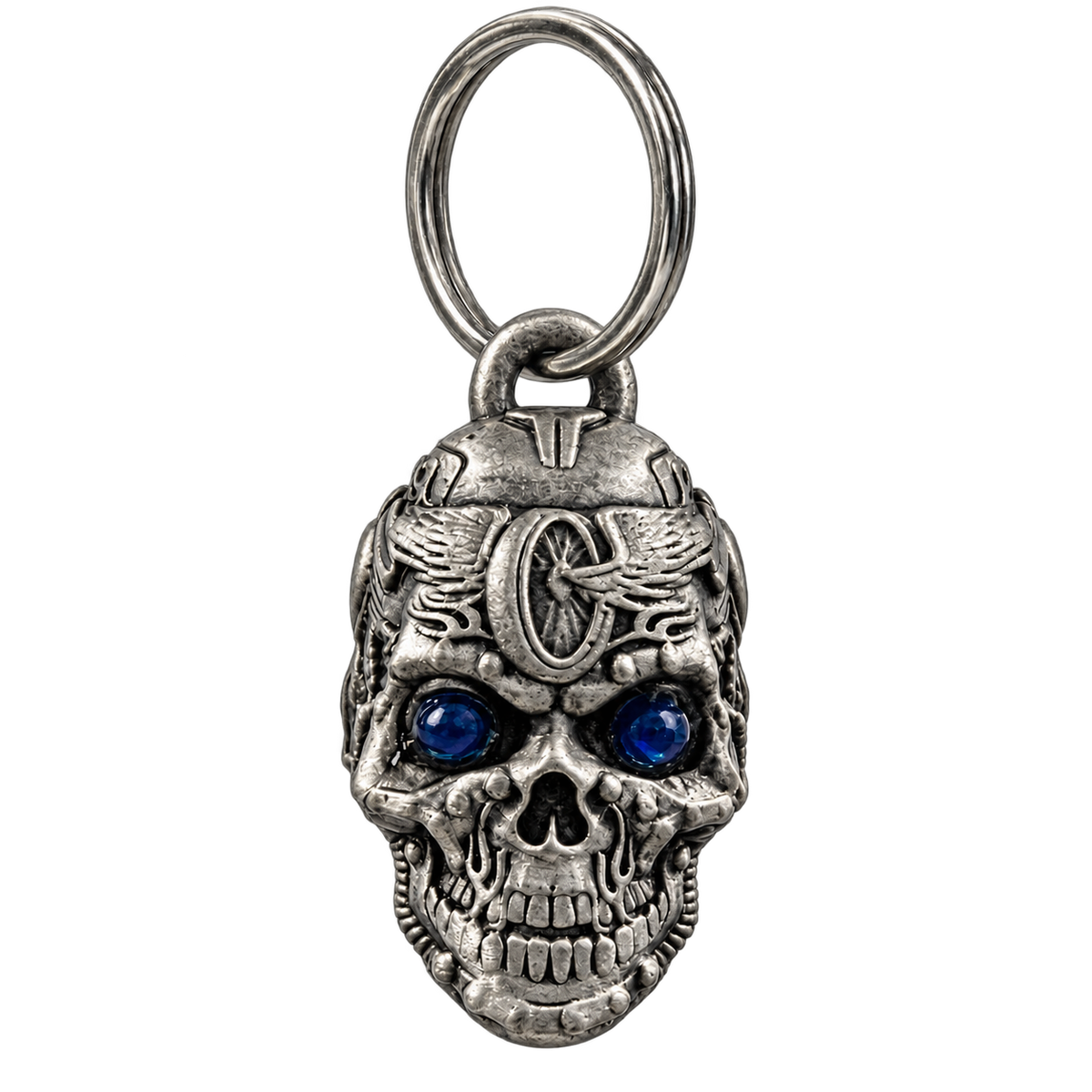 Motorhead mechanical skull motorcycle bell with sapphire-blue eyes shown from the front